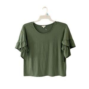Lily White Blouse Top Womens Size L Green Crew Neck Ruffle Short Sleeve Pullover